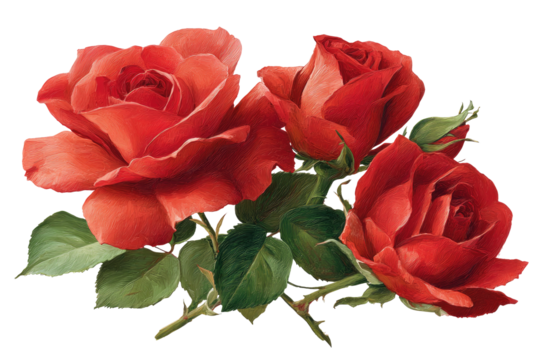 Close-up of three vibrant red roses, detailed in a vintage style