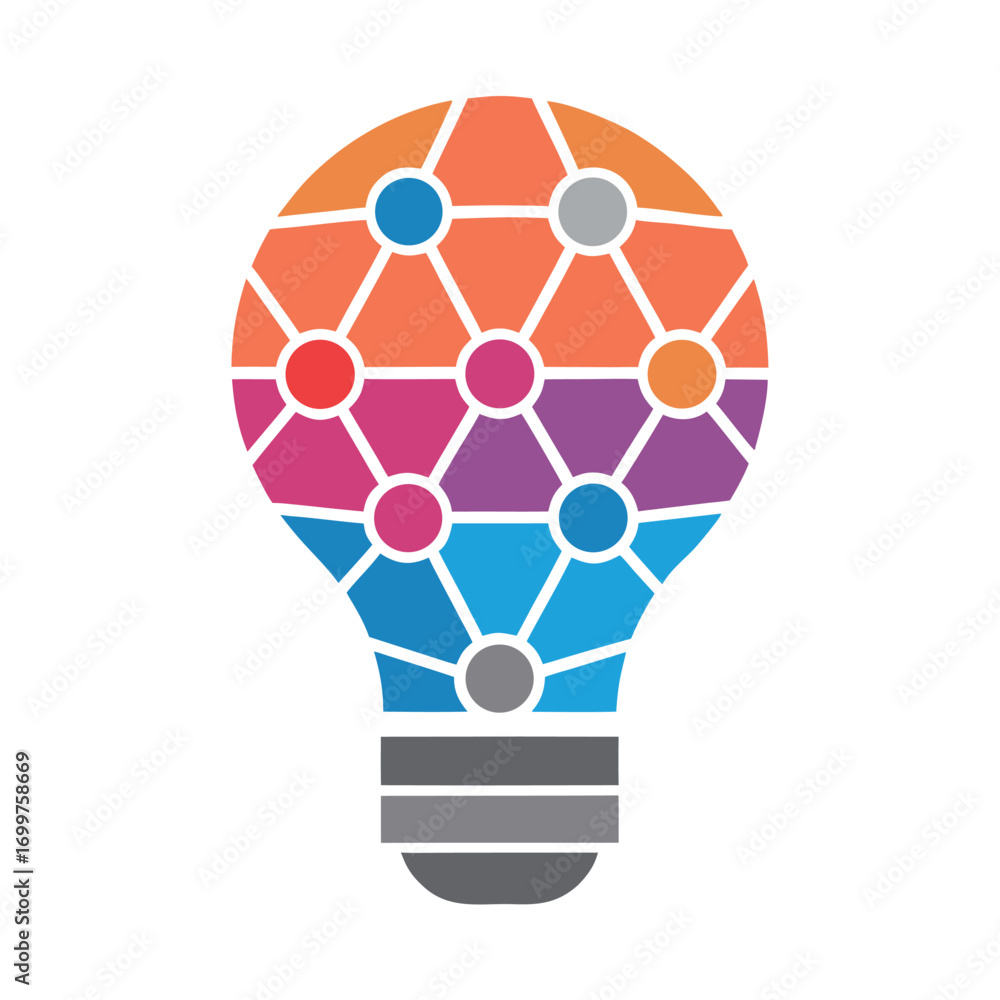 Poster colorful light bulb with network of connected nodes and geometric shapes lightbulb