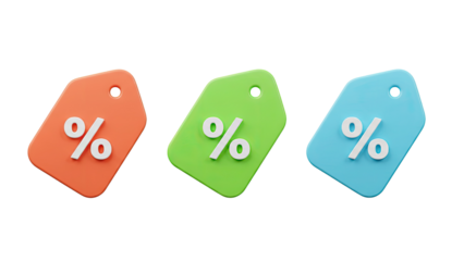 Three colorful price tags with percentage symbols isolated on transparent background