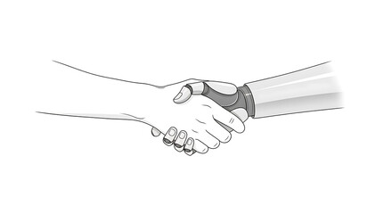 Digital Embrace: A grayscale illustration of a human hand clasping a robotic arm in a symbolic gesture of collaboration, fusion, and technological advancement.
