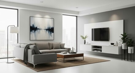 Sophisticated Modern Living Room with Abstract Art, Panoramic City View, and Neutral Palette