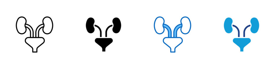 Kidneys Multiple Style Icon Sheet Design Vector - Pair of human kidneys connected to bladder, symbolizing urinary system and nephrology