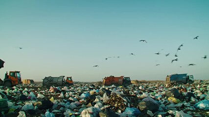 A vast landfill site with garbage trucks collecting waste under a clear blue sky, birds flying