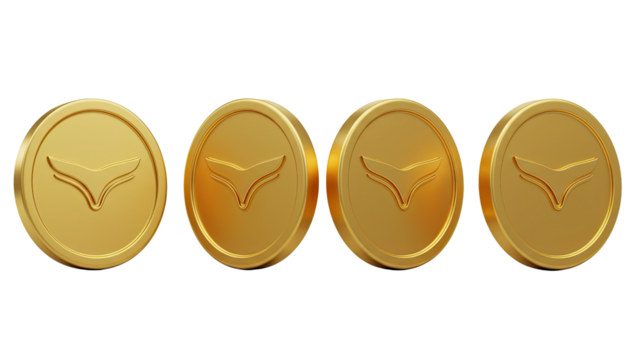 Four oval golden coins with a stylized bird emblem isolated on transparent background