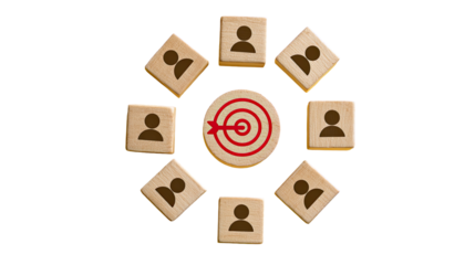 A circular arrangement of light brown wooden blocks, each with a person icon, surrounds a central target image