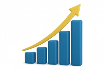 Financial bar graph rising, yellow arrow indicating upward trend, signaling business performance growth on transparent backdrop