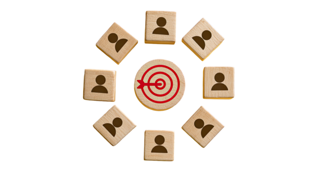A circular arrangement of light brown wooden blocks, each with a person icon, surrounds a central target image