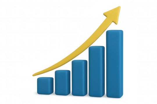Financial bar graph rising, yellow arrow indicating upward trend, signaling business performance growth on transparent backdrop
