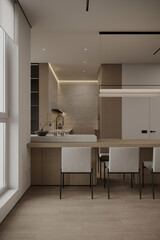 Minimalist open kitchen and dining area with clean lines, neutral colors, and natural wood finishes. Elegant and functional space.