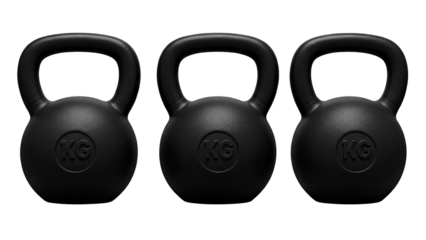 Three black cast iron kettlebells arranged in a row on a transparent background isolated on transparent background