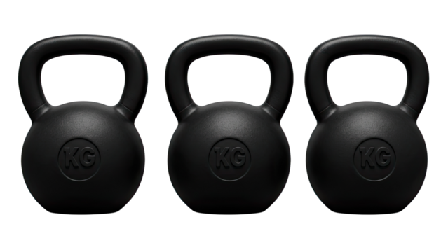 Three black cast iron kettlebells arranged in a row on a transparent background isolated on transparent background - Powered by Adobe