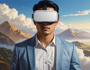 Man Experiences Panoramic Landscape in Virtual Reality Headset Simulation