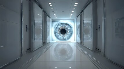 Futuristic hallway featuring a massive eye installation, creating an eerie atmosphere with sleek, reflective surfaces.