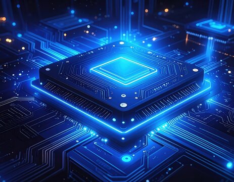 A detailed close-up view of a sophisticated microprocessor, highlighted by vibrant blue neon lighting, nestled within a complex circuit board.