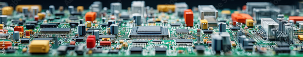Aufkleber banner of close-up view of colorful electronic circuit board with various components and details