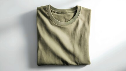 Folded olive green t-shirt on a white background, showcasing its soft fabric and minimalist design.