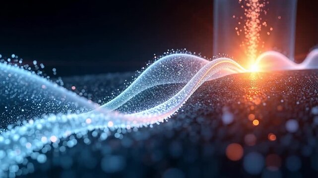 Captivating 4K quantum tunneling visualization shows particle wave passing through barriers, a stunning scientific journey into subatomic physics and wave-particle duality.
