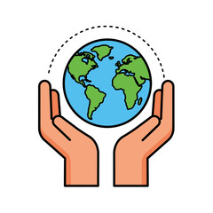 Stylized Earth Globe Held by Two Hands with Dotted Arc Above.