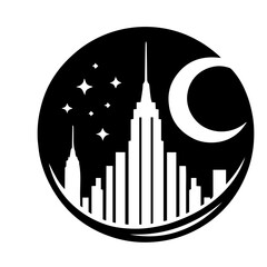 Black and white vector silhouette of city skyline on white background