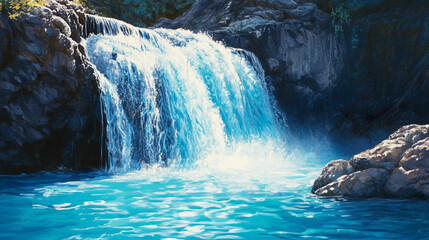 Naklejka premium Serene waterfall cascading into a turquoise pool surrounded by dark rocks sunlight illuminating the water