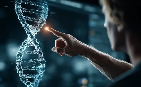 Scientist touching futuristic dna double helix on interactive screen