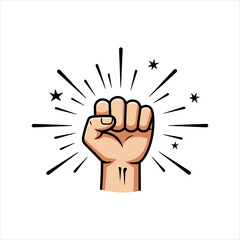 Stylized Fist with Bursting Rays and Stars Symbolizing Strength and Power.