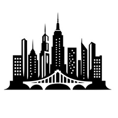 Fototapeta premium Black and white vector silhouette of city skyline on white background