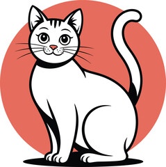 Obraz premium Cute White Cat Sitting with Red Background - Cartoon