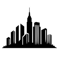Black and white vector silhouette of city skyline on white background