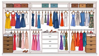 organized women's closet full of dresses