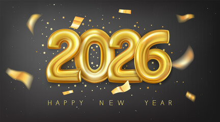 Happy new year 2026, realistic golden foil number balloons with serpentine, tinsel.
