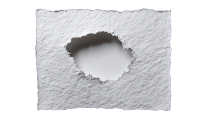 A rectangular piece of textured, light gray paper with a large, irregular hole punched through it