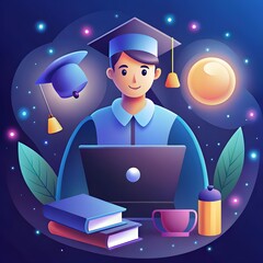 D Illustration of Online Graduation Student with Laptop, Books, and Graduation Cap – Virtual Learning Celebration