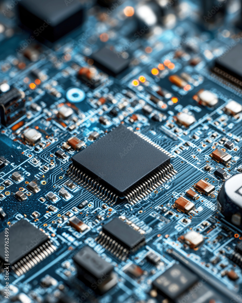 Poster close-up view of electronic circuit with microchip and connecting components in blue color tone