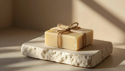 Natural Soap Bar Wrapped With Twine on Stone Surface