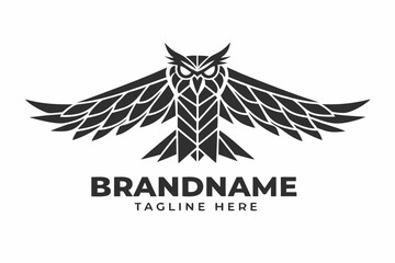 Flat Geometric Owl with Wings, White Background, Logo Design