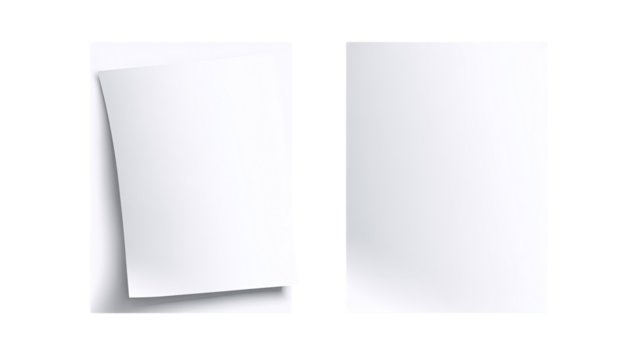 Two blank sheets of paper, one slightly angled, positioned vertically.  Both appear smooth and white, with subtle shading suggesting dimension
