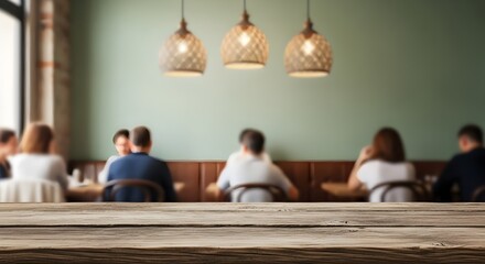 An empty rustic wooden table top with blurred, out-of-focus restaurant patrons and warm lighting in the background, perfect for product display.