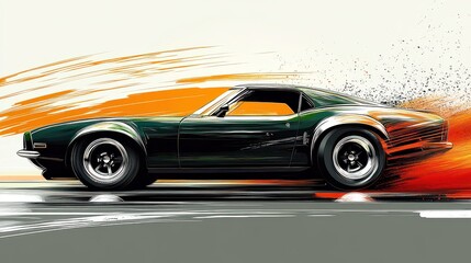 Dark green classic car speeding, orange motion blur.