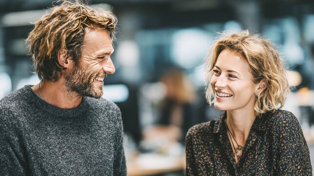 Creative colleagues sharing a laugh in modern office environment - Powered by Adobe