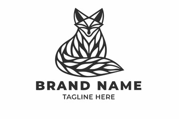 Geometric Fox Sitting Elegant Icon, Simplistic Line Art on White Background,