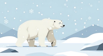 Fototapeta premium A charming flat design illustration of a polar bear walking through a snowy arctic landscape with falling snowflakes and icy mountains.