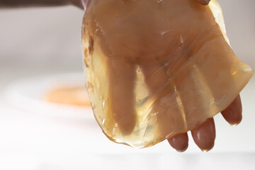 A person is holding a translucent scoby, the key ingredient for brewing kombucha. This trendy beverage is gaining popularity for its health benefits and unique flavors among health enthusiasts.