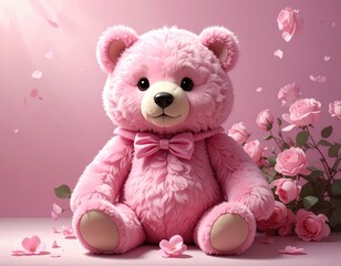 A delightful pink teddy bear sits amidst a delicate arrangement of roses and blossoms, bathed in a soft light.