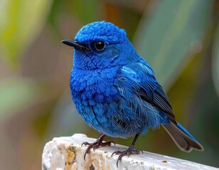 Close-up of a vibrant blue bird perched on a stone ledge, showcasing intricate feather details against a blurred natural backdrop.