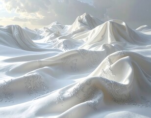 A landscape of draped, white fabric, detailed with delicate silver embroidery, evokes a serene and ethereal mood under a bright, cloudy sky.