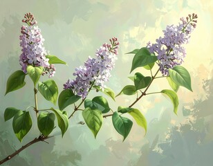 Delicate lilac blossoms in soft pastel hues, rendered with artistic detail on a light background.