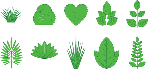 Collection of green plant vector icons featuring diverse leaf shapes, foliage styles, and botanical arrangements for nature-themed design projects.