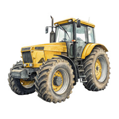 Yellow farm tractor large tires watercolor isolated on a transparent background vehicle