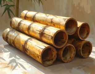 A stack of hollow bamboo tubes sits atop a light beige surface, showcasing the natural textures and warm golden hues.